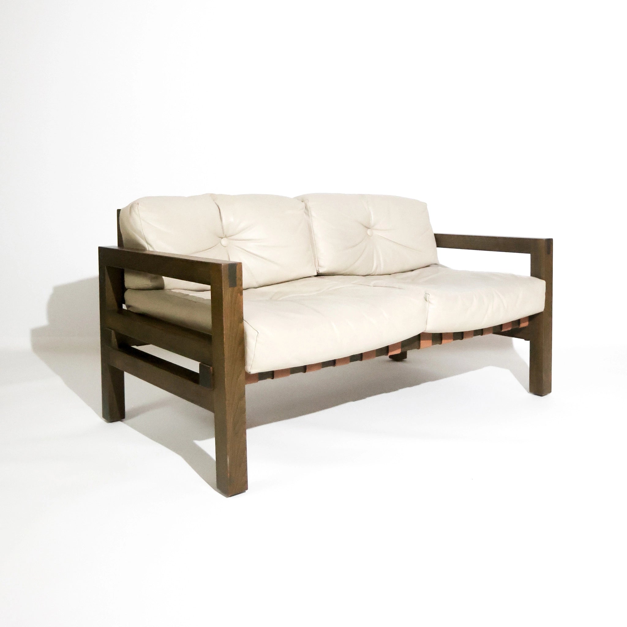 1970s German Oak & Grey Leather Two-Seater Sofa with Sculptural Strap Back