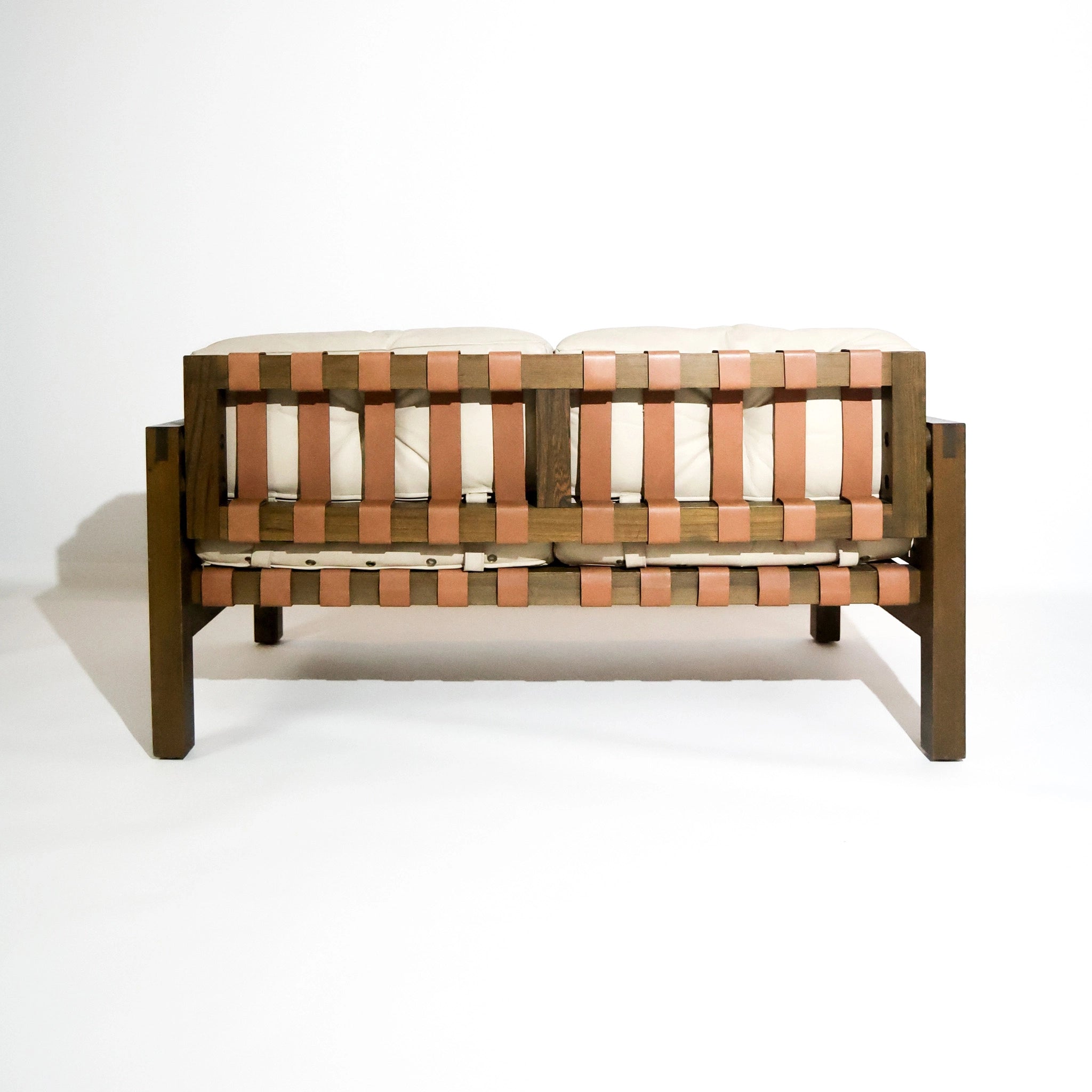 1970s German Oak & Grey Leather Two-Seater Sofa with Sculptural Strap Back