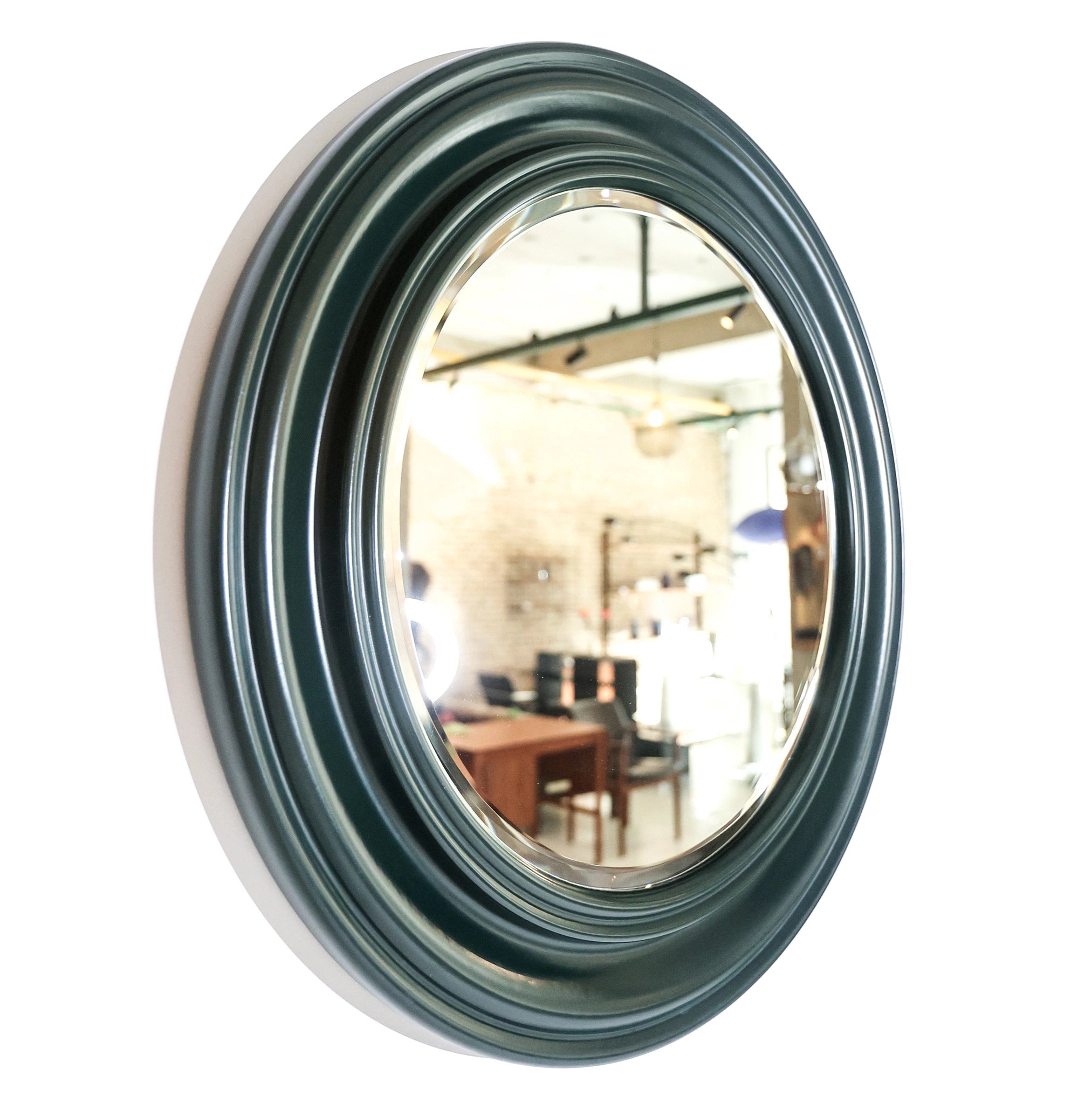 1970s Italian Dark Green Wooden Round Wall Mirror
