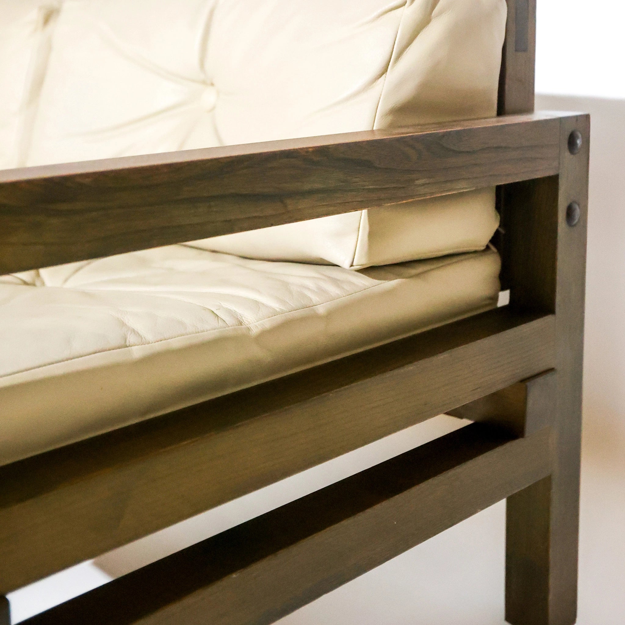 1970s German Oak & Grey Leather Two-Seater Sofa with Sculptural Strap Back