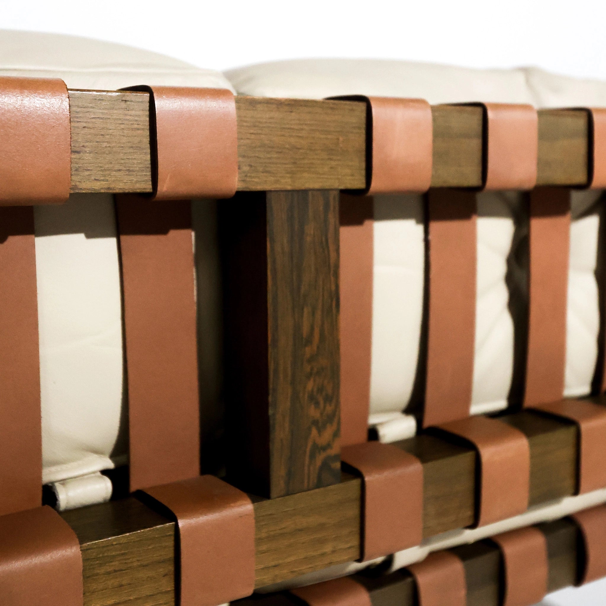 1970s German Oak & Grey Leather Two-Seater Sofa with Sculptural Strap Back