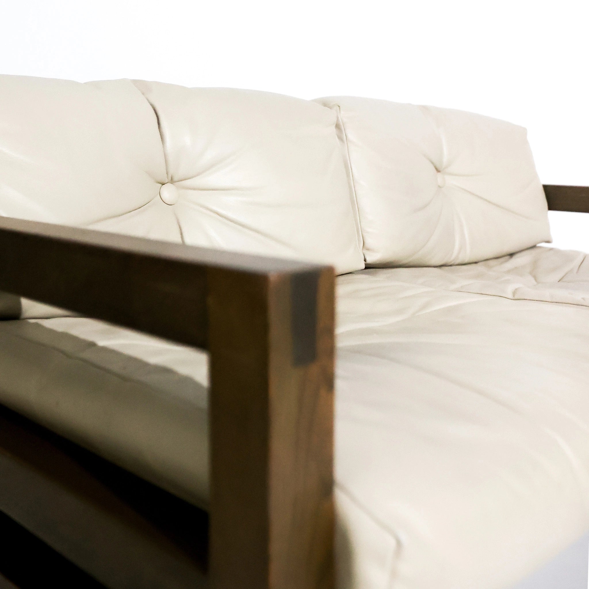 1970s German Oak & Grey Leather Two-Seater Sofa with Sculptural Strap Back