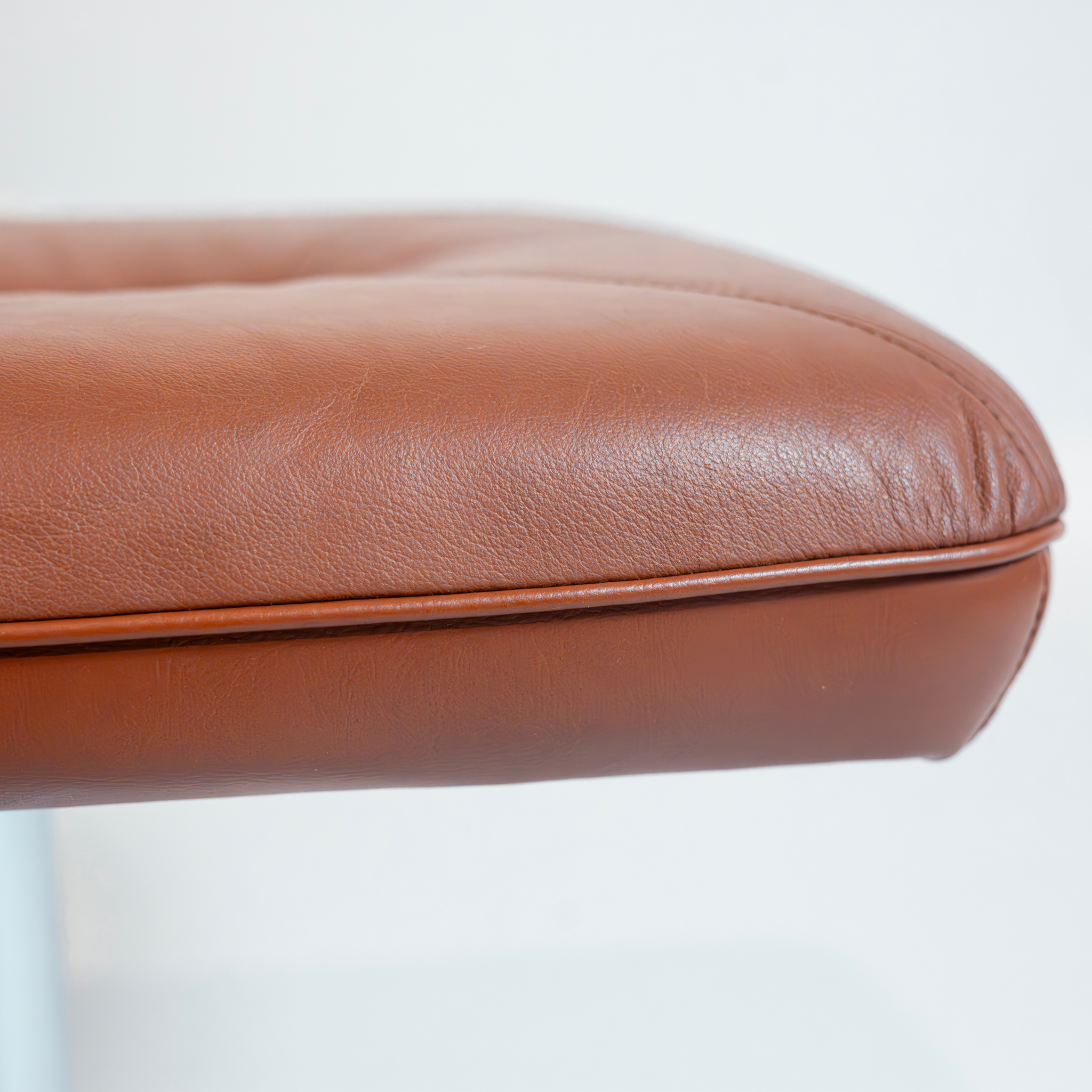 Vintage Scandinavian Ottoman in Brown Leather with Round Chrome Base