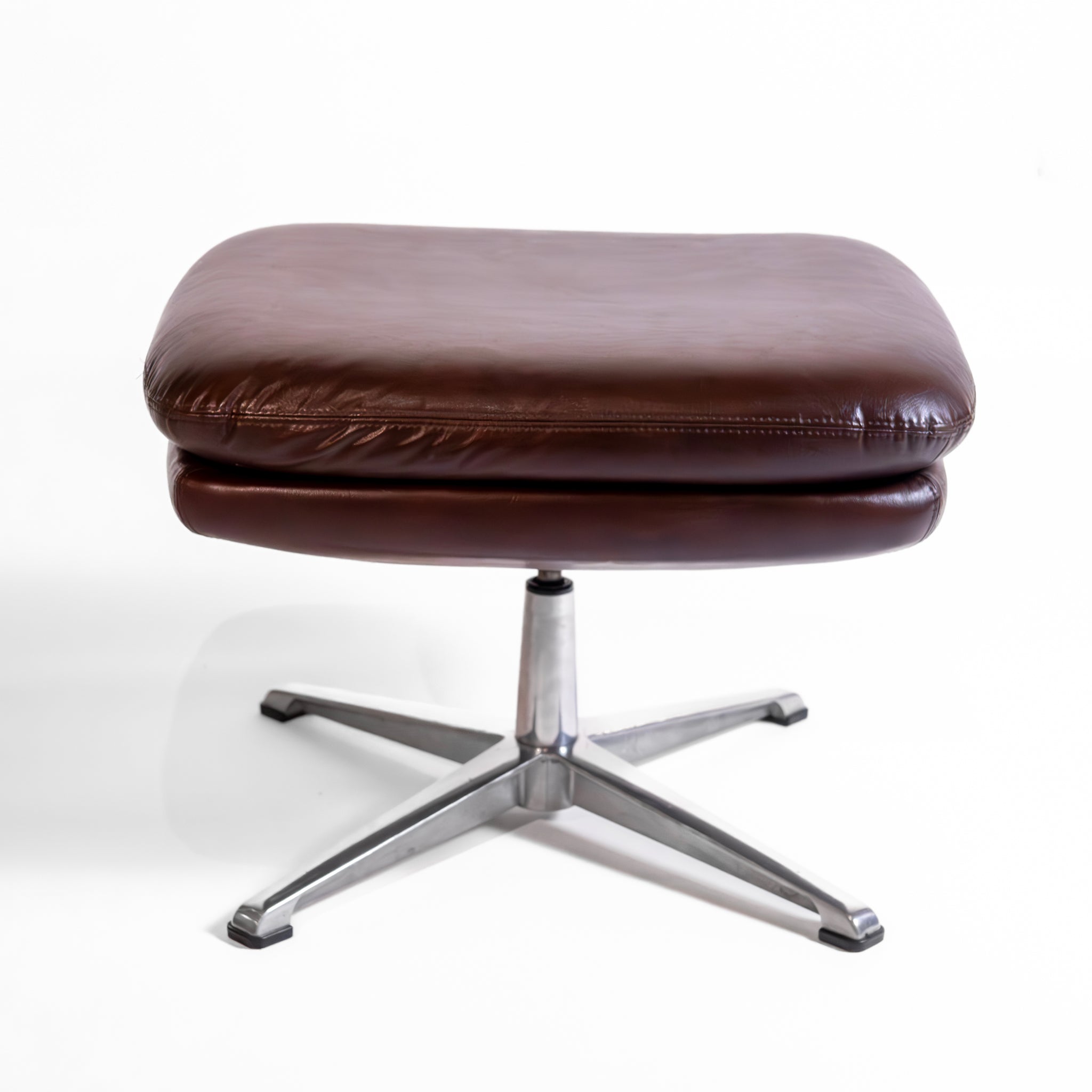 Vintage Scandinavian Rectangular Swivelling Ottoman in Dark Brown Leather with Chrome Star Base