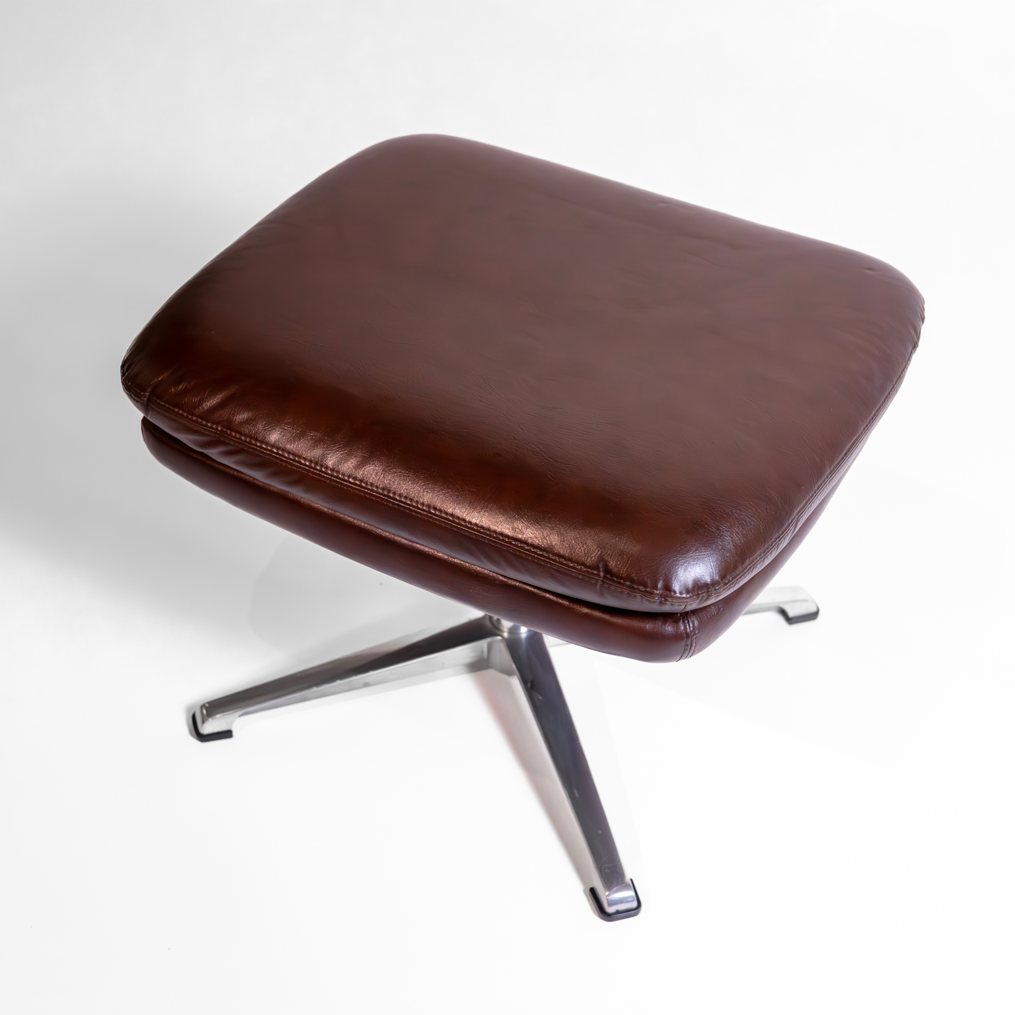 Vintage Scandinavian Rectangular Swivelling Ottoman in Dark Brown Leather with Chrome Star Base